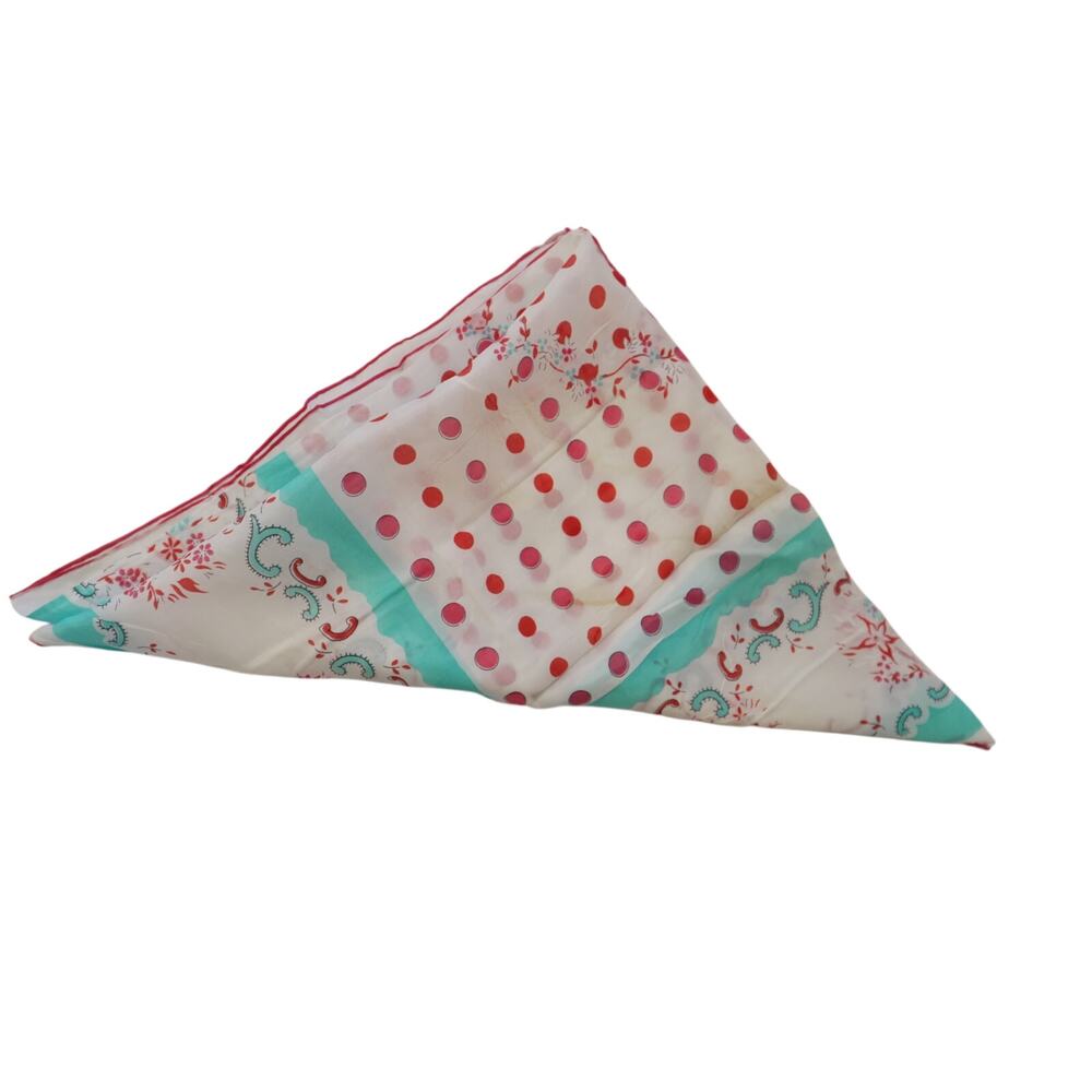 Vintage Giammona Rayon Silk Scarf White Red Polka Dot Blue Floral 30x30 Japan - Picture 3 of 8